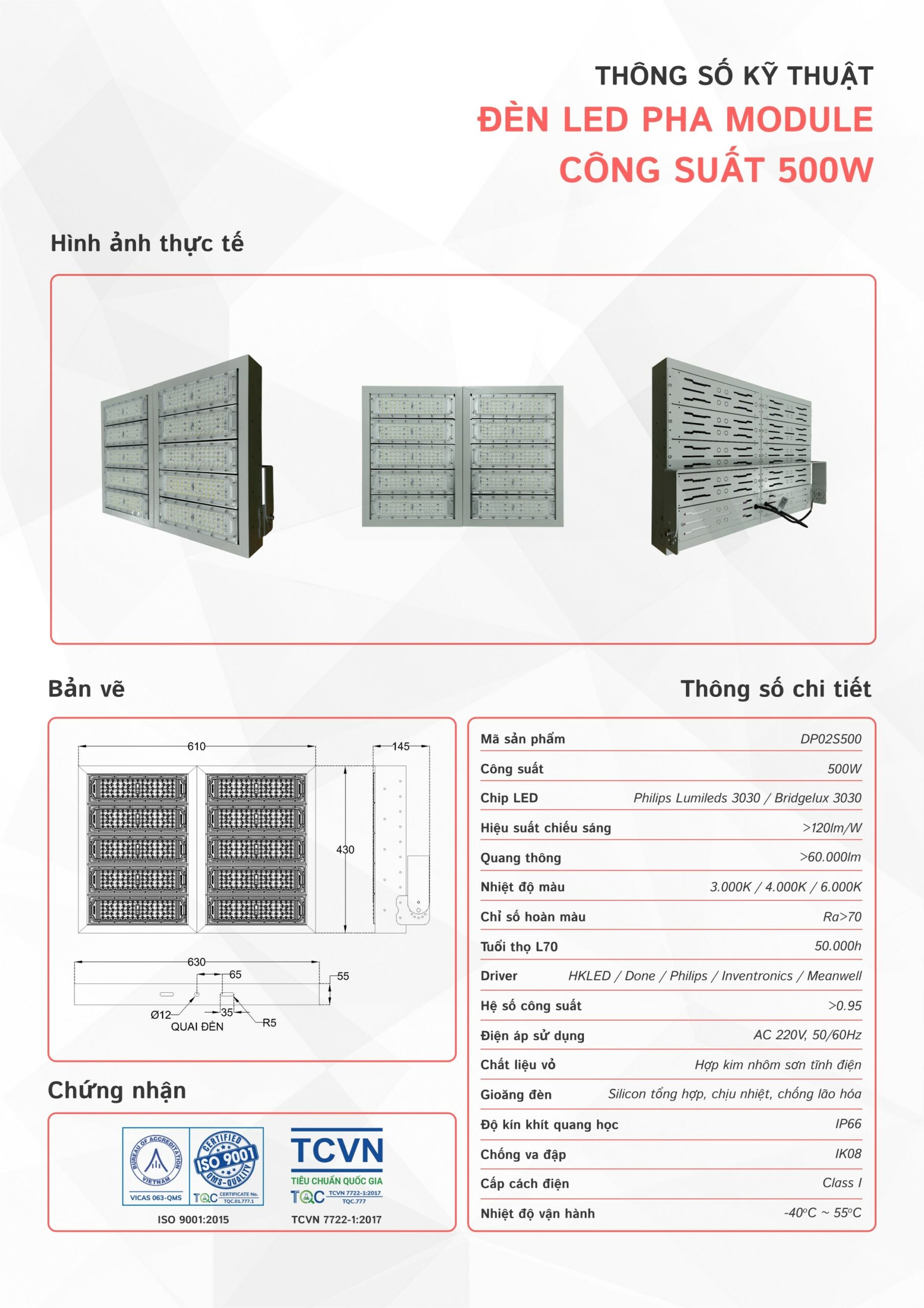 THÔNG SỐ KỸ THUẬT ĐÈN LED SÂN PICKLEBALL 500W