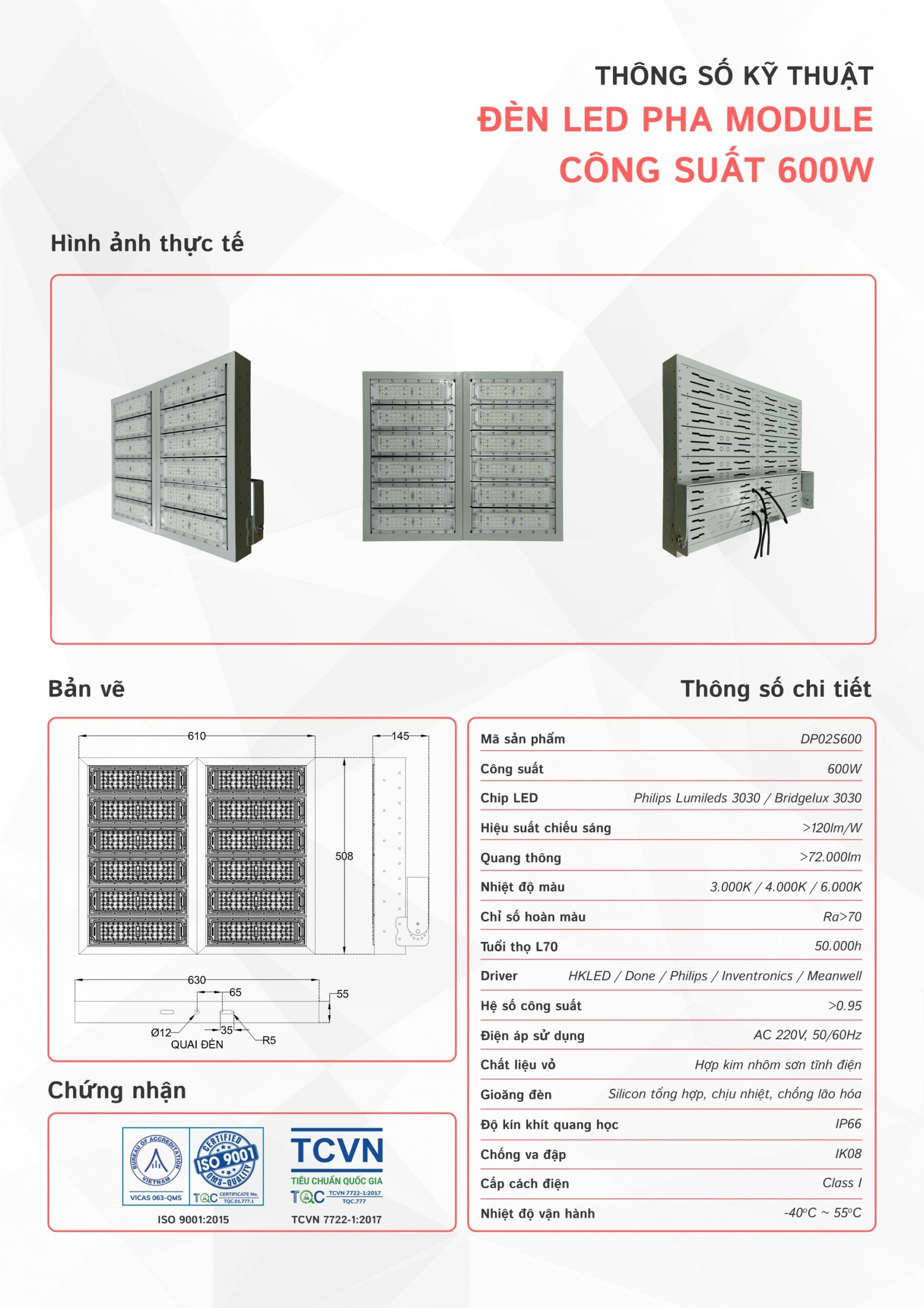 THÔNG SỐ KỸ THUẬT ĐÈN LED SÂN PICKLEBALL 600W