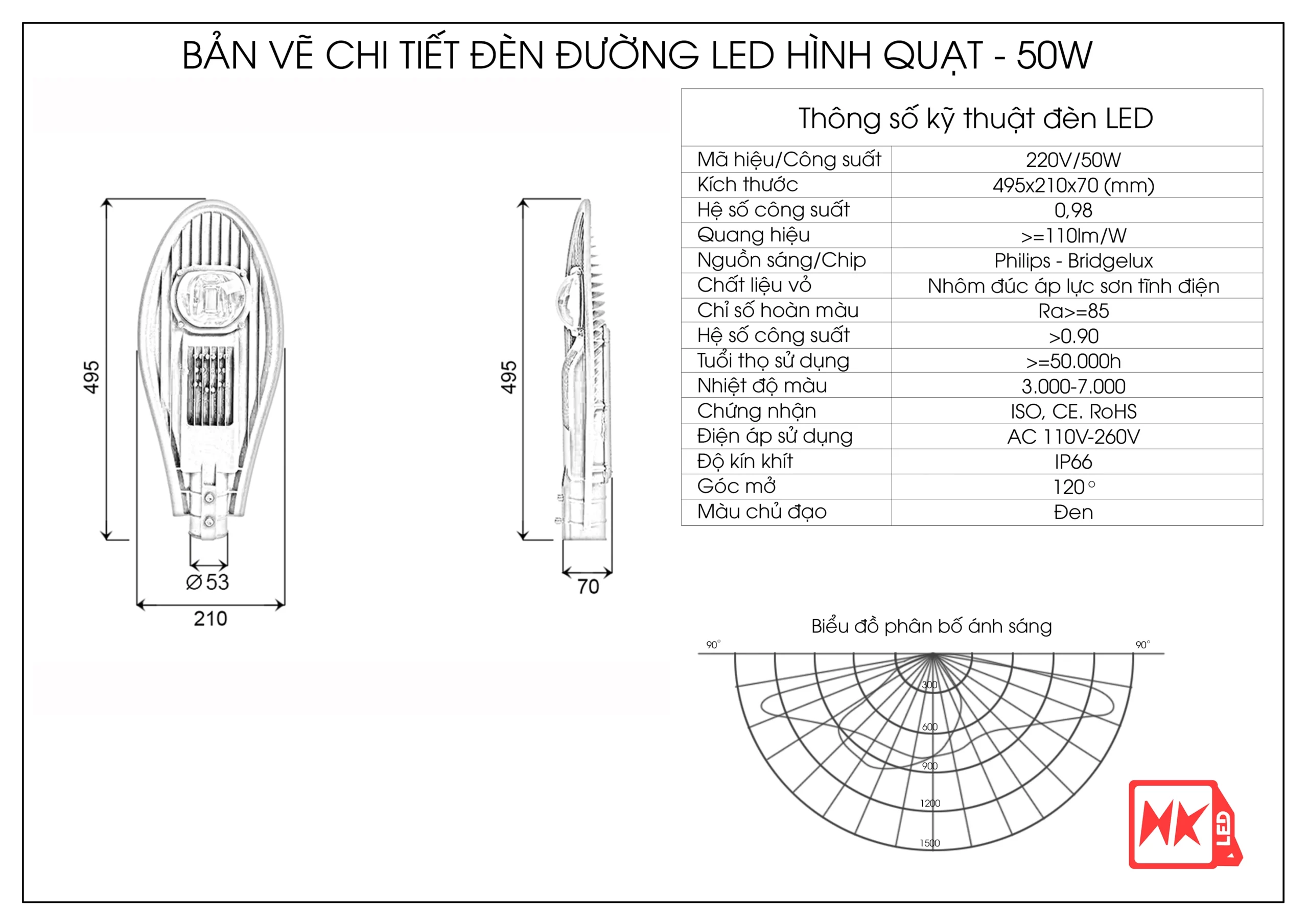 Thông số đèn LED đường DQL 50w
