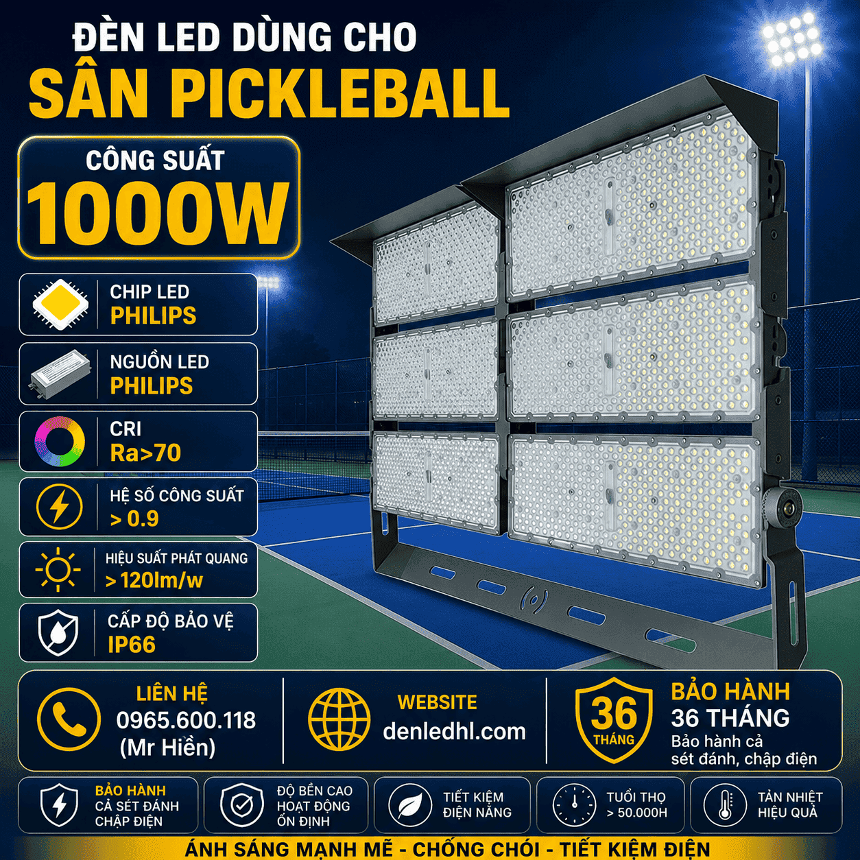 Đèn dùng cho sân pickleball 1000w denledhl liên hệ 0965600118