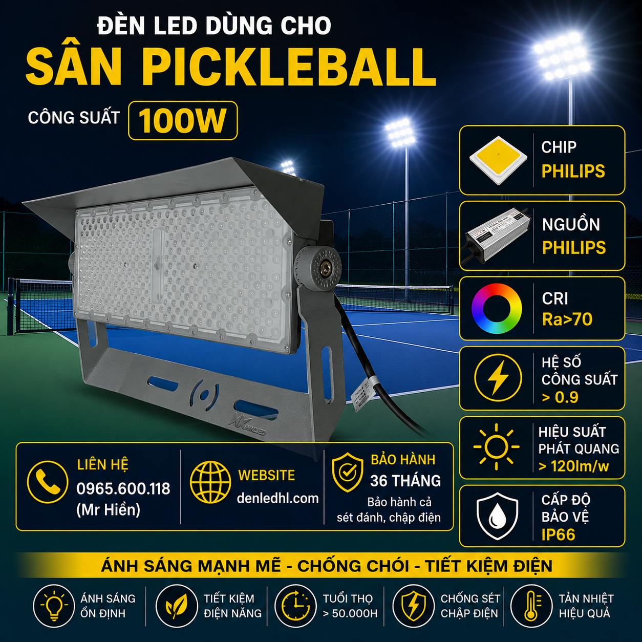 Đèn Dùng Cho Sân Pickleball 100w denledhl liên hệ 0965600118