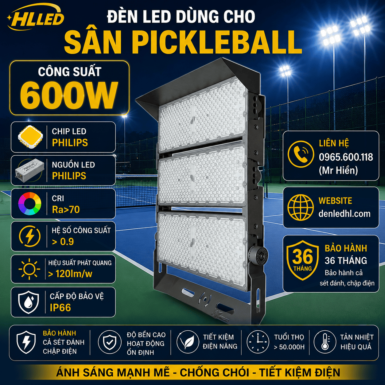 Đèn dùng cho sân pickleball 600w denledhl liên hệ 0965600118