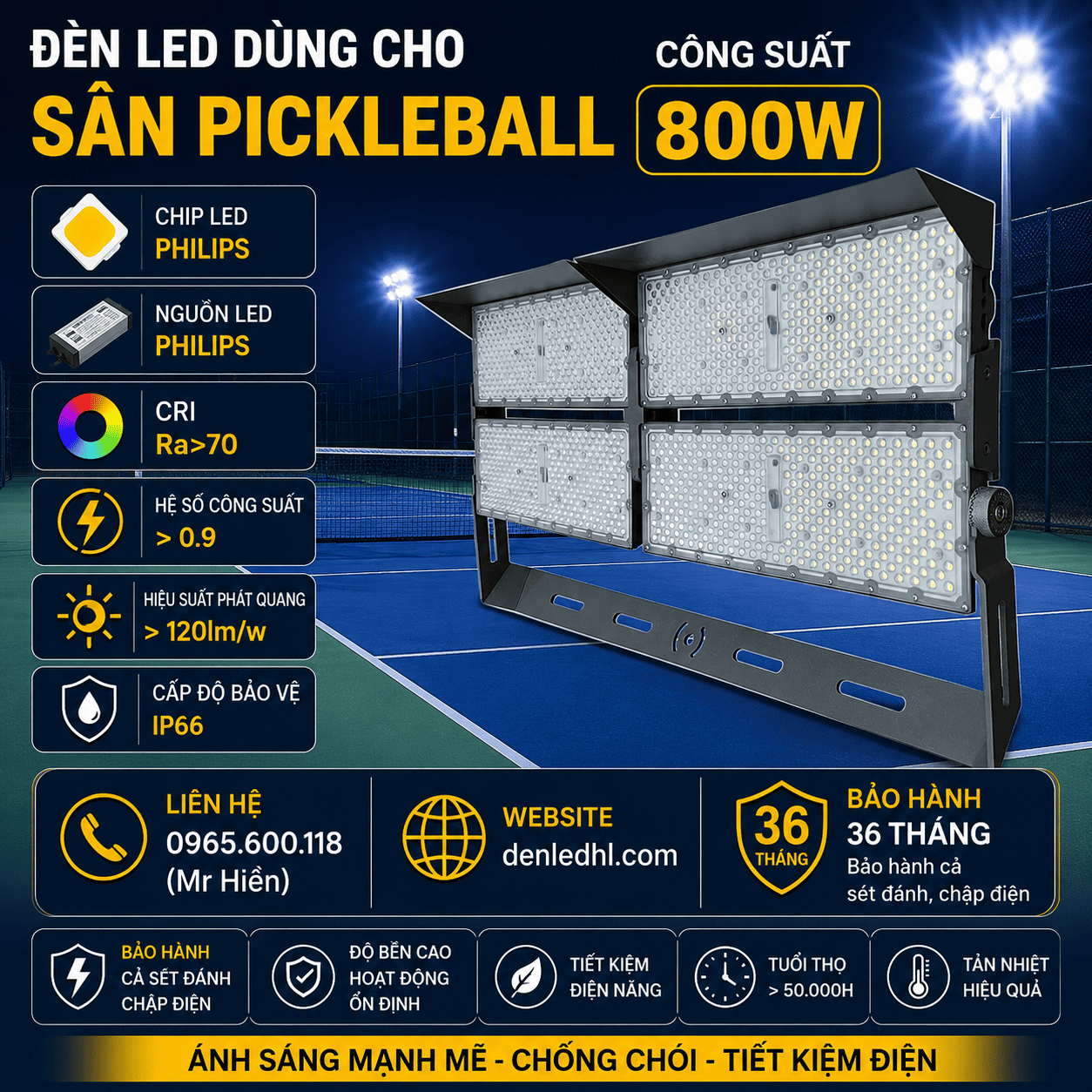 Đèn Dùng Cho Sân Pickleball 800w denledhl liên hệ 0965600118