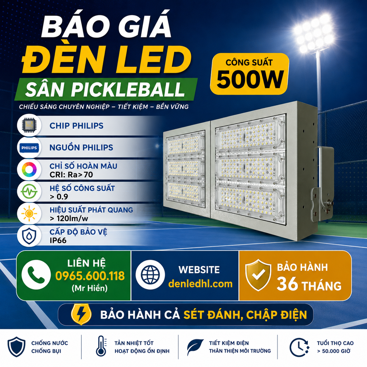 Báo giá đèn LED chiếu sân pickleball denledhl liên hệ 0965600118